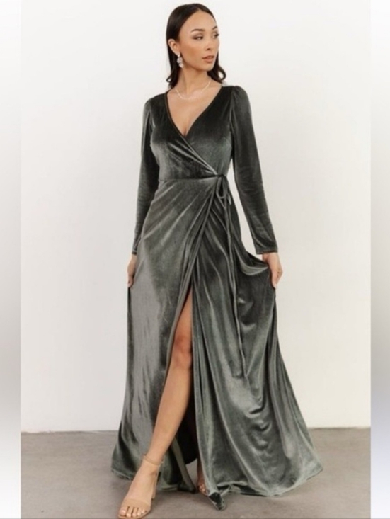 Baltic Born Dresses & Skirts - BALTIC BORN Esmeralda Velvet Wrap Dress M Eucalyptus Green V Neck Long Sleeve